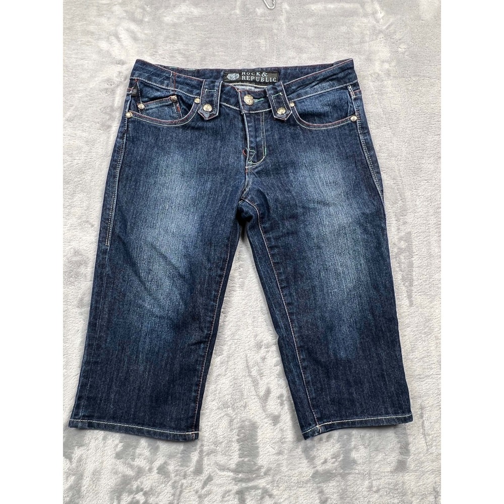 Rock & Republic Capri Jeans Womens 28 Blue Dark Wash Low Rise Denim Shorts